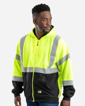 Berne Apparel Men's Hi-Vis Class 3 Color Block Full-Zip Hooded Sweatshirt - Image 3