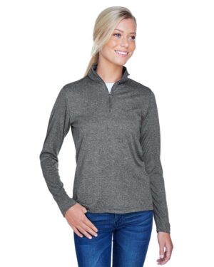 UltraClub Women's Cool & Dry Heathered Performance Quarter-Zip Pullover - Image 3